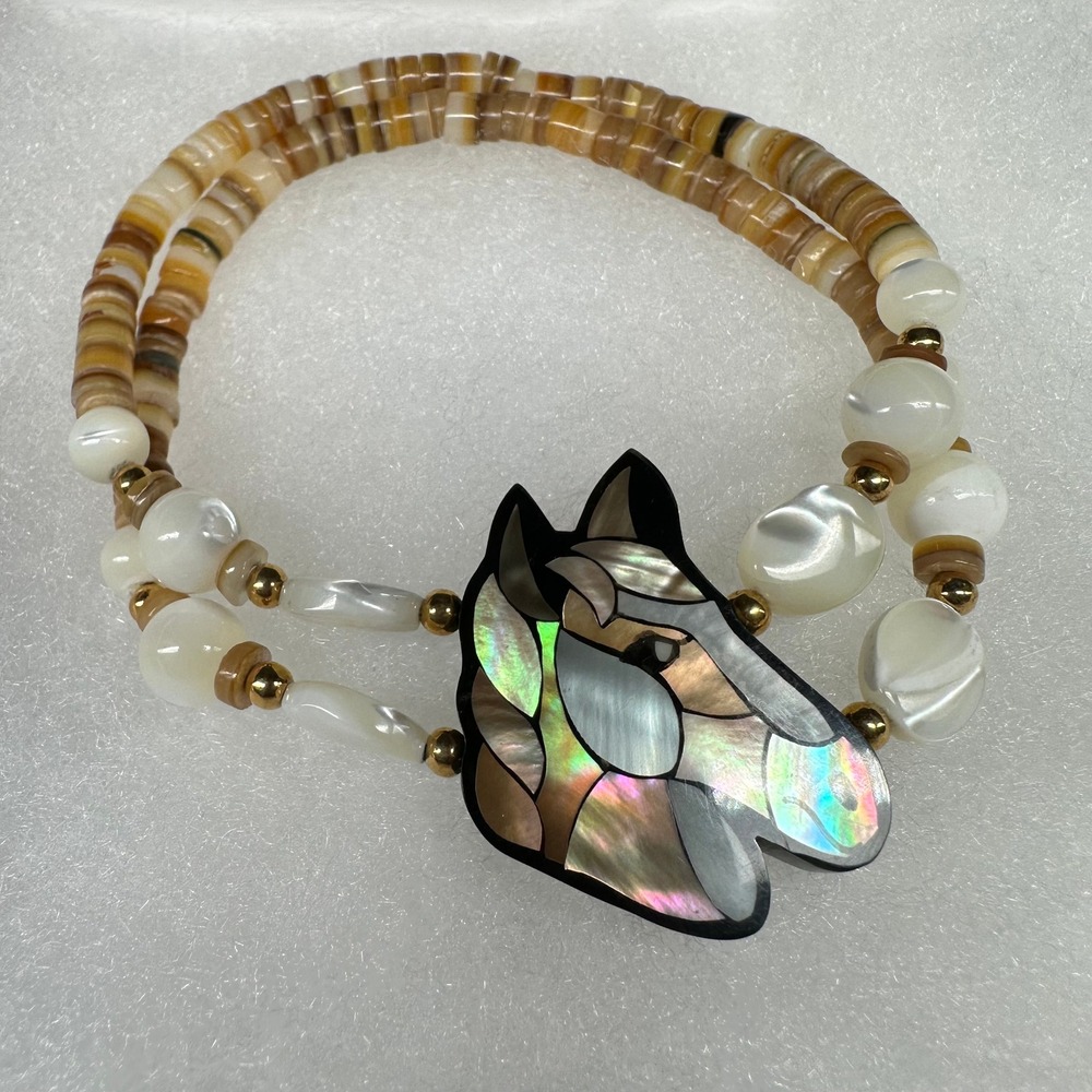 Lee Sands Mother of Pearl Horse Head Inlay Shell Double Strand Stretch Bracelet